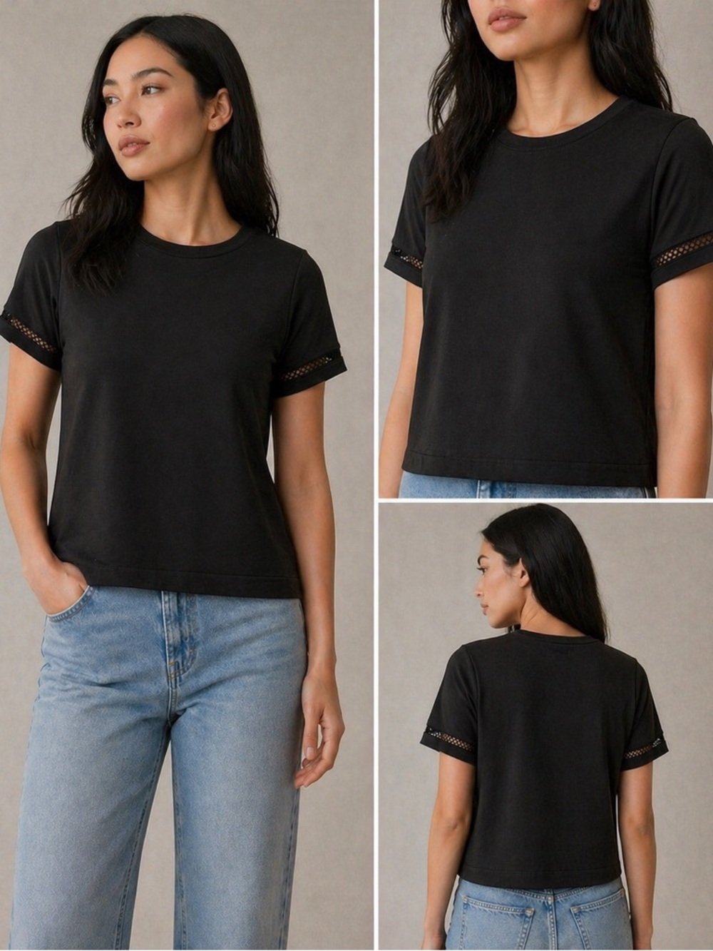 Elie Tahari Black Cropped Boxy Knit Top Crochet Sleeve Trim, Medium Travel wear